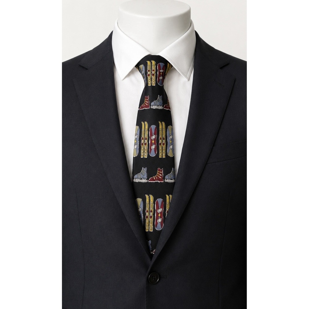 ROFFE Men's Silk Necktie Black With Skis And Ski boots Very Cool!